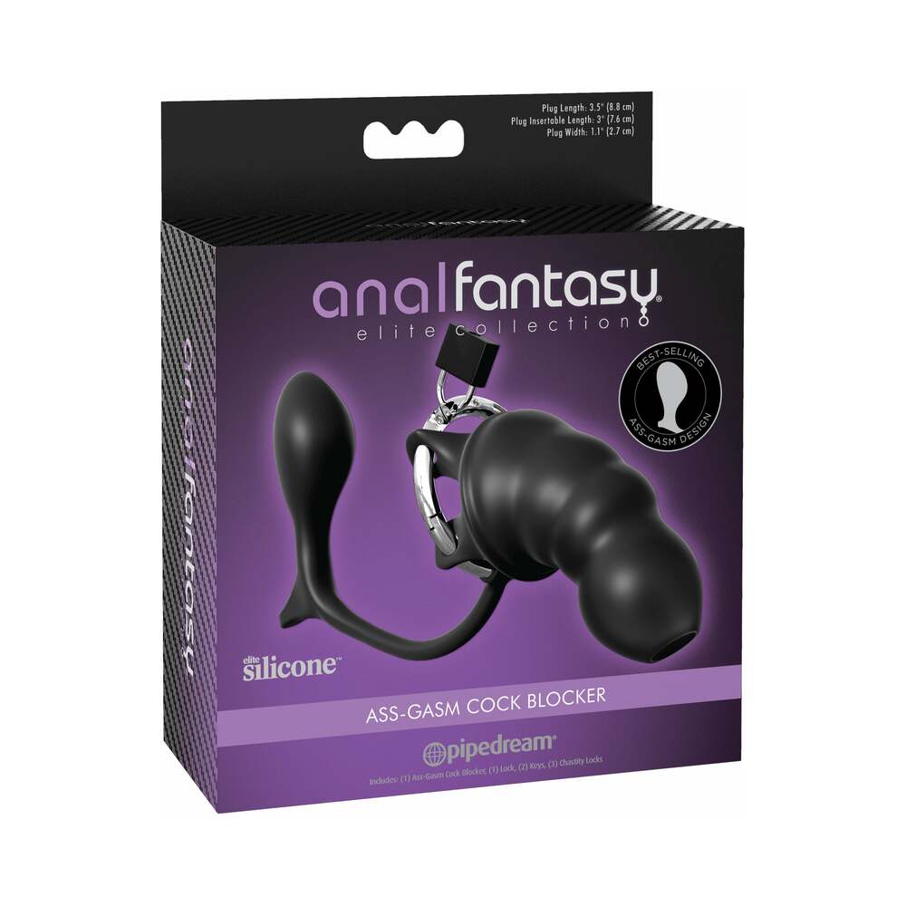 Pipedream Anal Fantasy Elite Collection Ass-Gasm Cock Blocker Silicone Chastity Cock Cage Asslock Plug Black